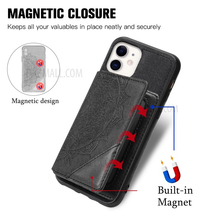 Mandala Flower Pattern PU Leather+TPU Kickstand Wallet Phone Case for iPhone 11 6.1-inch - Black-9