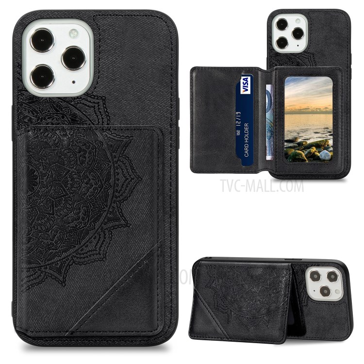 Mandala Flower Pattern PU Leather+TPU Kickstand Case Wallet for iPhone 12 Pro Max - Black-1