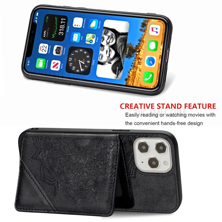 Mandala Flower Pattern PU Leather+TPU Kickstand Case Wallet for iPhone 12 Pro Max - Black-4