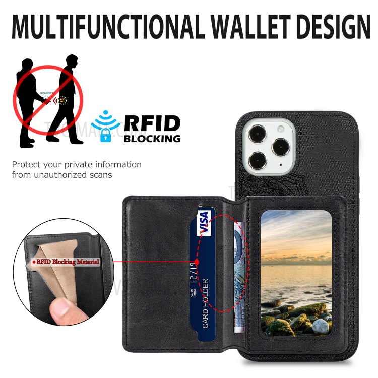 Mandala Flower Pattern PU Leather+TPU Kickstand Case Wallet for iPhone 12 Pro Max - Black-6