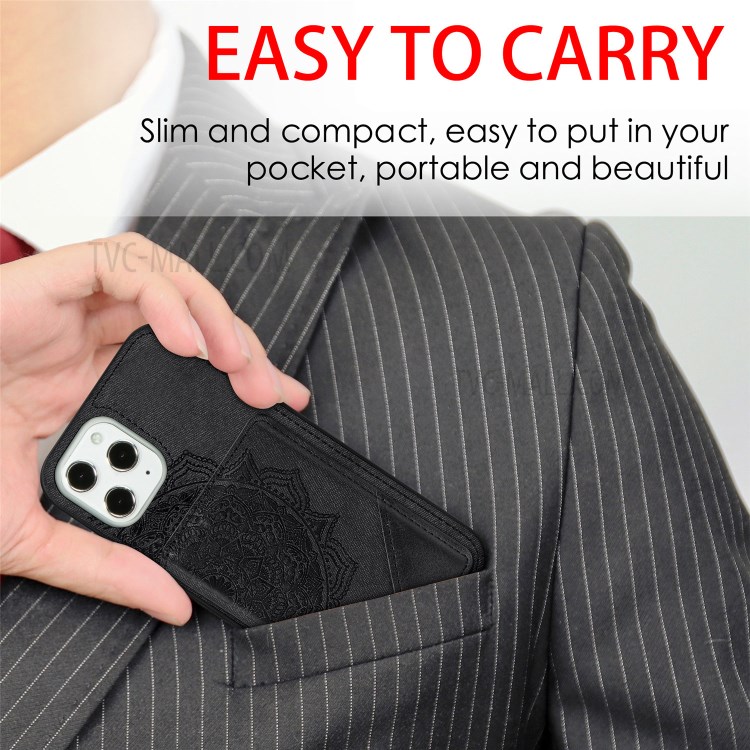Mandala Flower Pattern PU Leather+TPU Kickstand Case Wallet for iPhone 12 Pro Max - Black-8