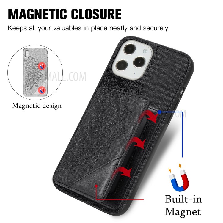 Mandala Flower Pattern PU Leather+TPU Kickstand Case Wallet for iPhone 12 Pro Max - Black-9