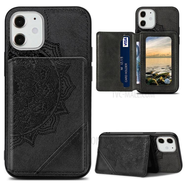 Mandala Flower Pattern PU Leather+TPU Kickstand Wallet Phone Case for iPhone 12 Mini - Black-1