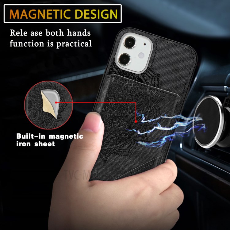 Mandala Flower Pattern PU Leather+TPU Kickstand Wallet Phone Case for iPhone 12 Mini - Black-10