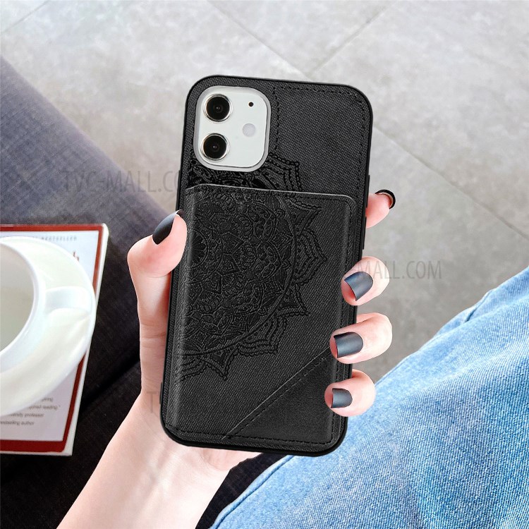 Mandala Flower Pattern PU Leather+TPU Kickstand Wallet Phone Case for iPhone 12 Mini - Black-12