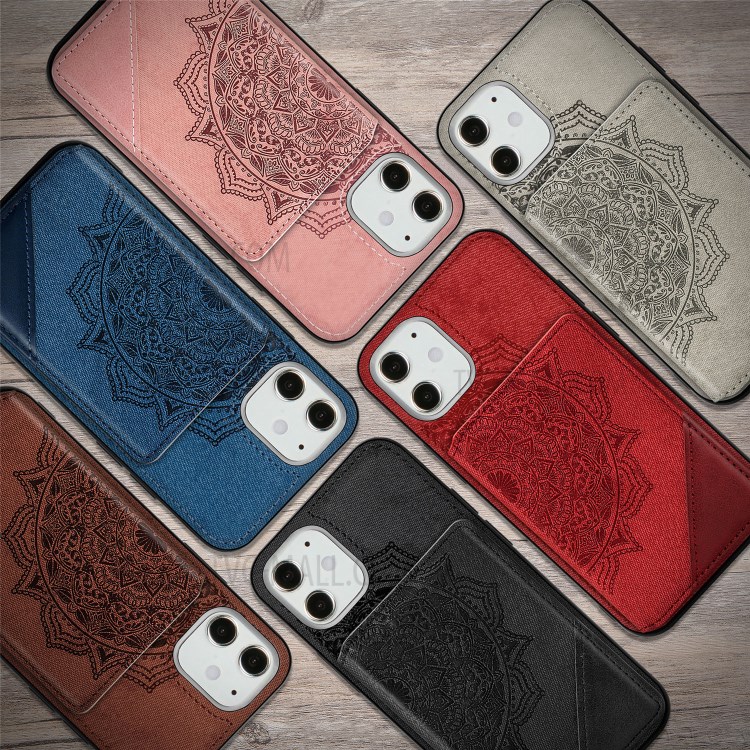 Mandala Flower Pattern PU Leather+TPU Kickstand Wallet Phone Case for iPhone 12 Mini - Black-13