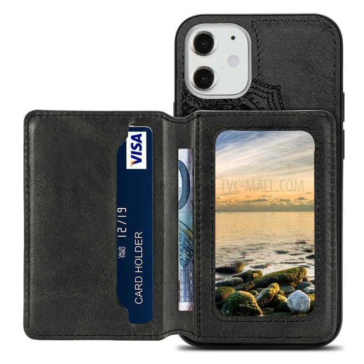 Mandala Flower Pattern PU Leather+TPU Kickstand Wallet Phone Case for iPhone 12 Mini - Black-3