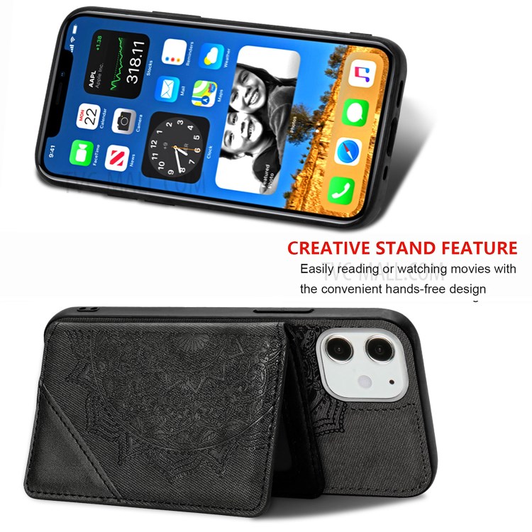 Mandala Flower Pattern PU Leather+TPU Kickstand Wallet Phone Case for iPhone 12 Mini - Black-4