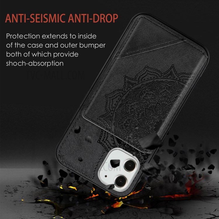 Mandala Flower Pattern PU Leather+TPU Kickstand Wallet Phone Case for iPhone 12 Mini - Black-5