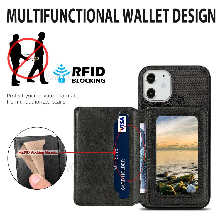 Mandala Flower Pattern PU Leather+TPU Kickstand Wallet Phone Case for iPhone 12 Mini - Black-6