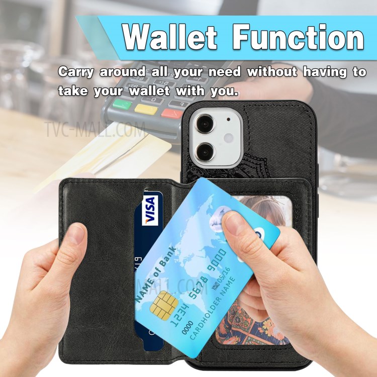 Mandala Flower Pattern PU Leather+TPU Kickstand Wallet Phone Case for iPhone 12 Mini - Black-7
