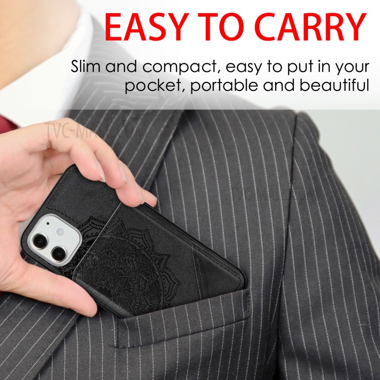 Mandala Flower Pattern PU Leather+TPU Kickstand Wallet Phone Case for iPhone 12 Mini - Black-8