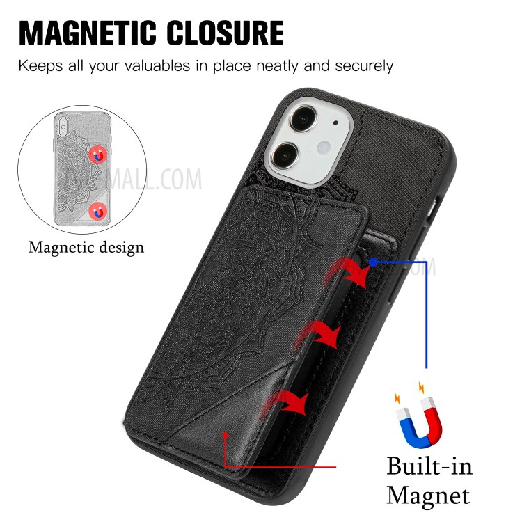 Mandala Flower Pattern PU Leather+TPU Kickstand Wallet Phone Case for iPhone 12 Mini - Black-9