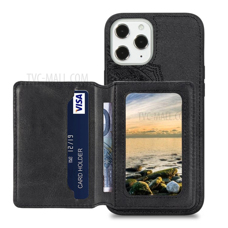 Mandala Flower Pattern PU Leather+TPU Flip Wallet Phone Case for iPhone 12 Pro / iPhone 12 - Black-3