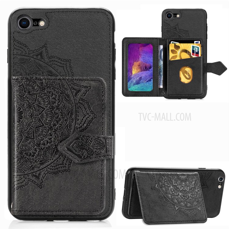 Mandala Pattern Imprinting PU Leather Coated TPU Phone Case with Card Slots + Strap for iPhone 7/8/SE - Black-1