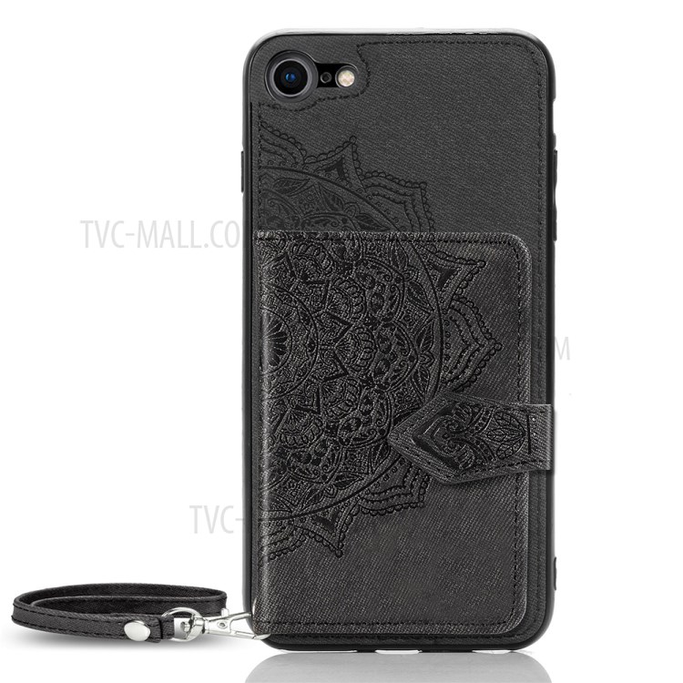 Mandala Pattern Imprinting PU Leather Coated TPU Phone Case with Card Slots + Strap for iPhone 7/8/SE - Black-2