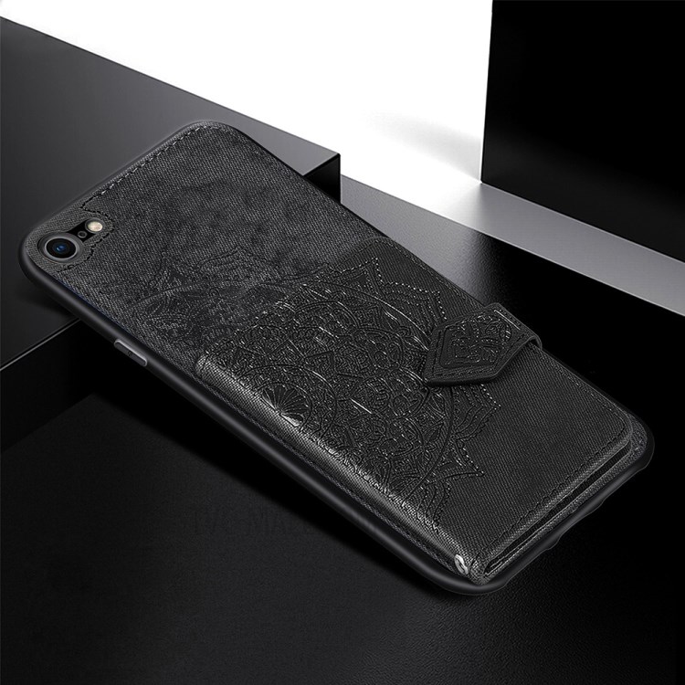 Mandala Pattern Imprinting PU Leather Coated TPU Phone Case with Card Slots + Strap for iPhone 7/8/SE - Black-5