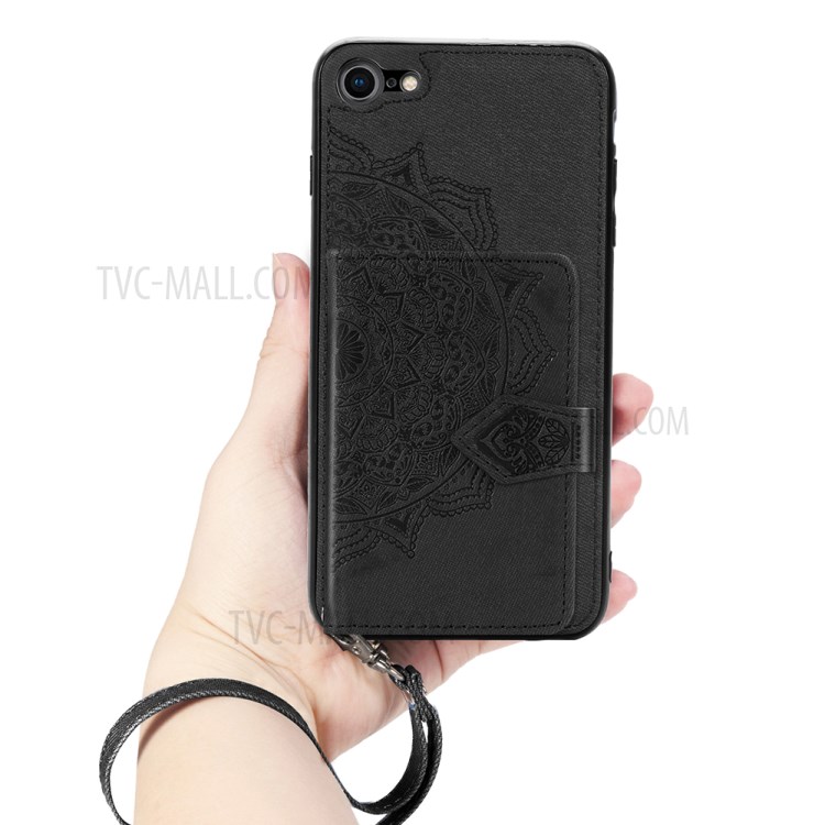 Mandala Pattern Imprinting PU Leather Coated TPU Phone Case with Card Slots + Strap for iPhone 7/8/SE - Black-7