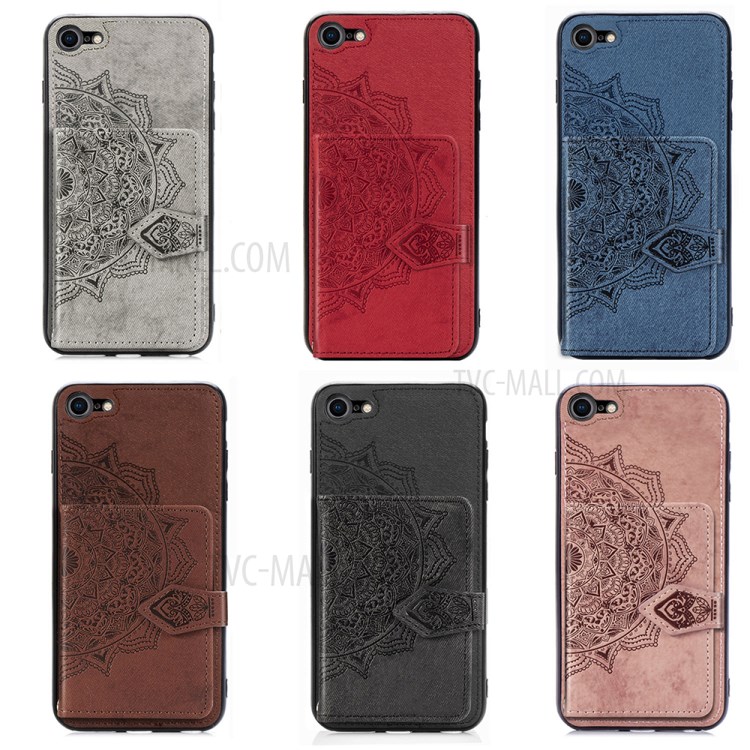 Mandala Pattern Imprinting PU Leather Coated TPU Phone Case with Card Slots + Strap for iPhone 7/8/SE - Black-8