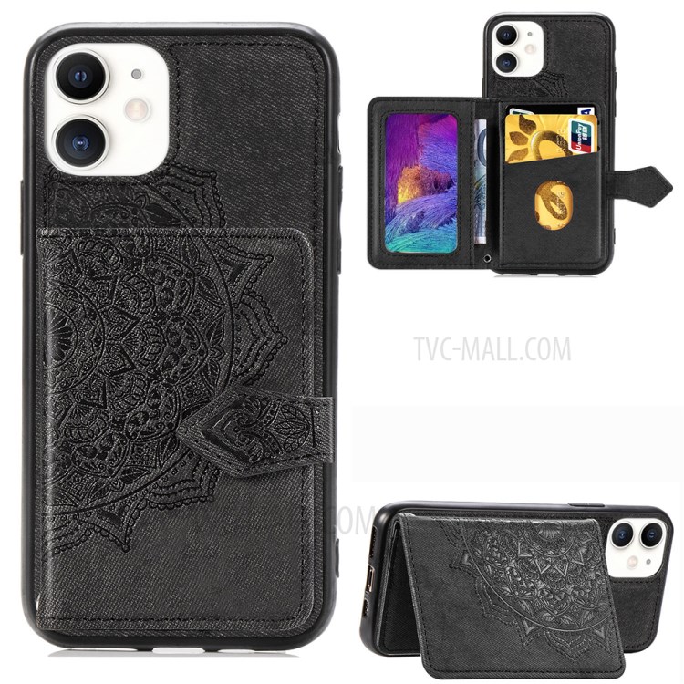 Wallet Design PU Leather Coated TPU Phone Case + Strap with Mandala Pattern Imprinting for iPhone 11 6.1 inch - Black-1