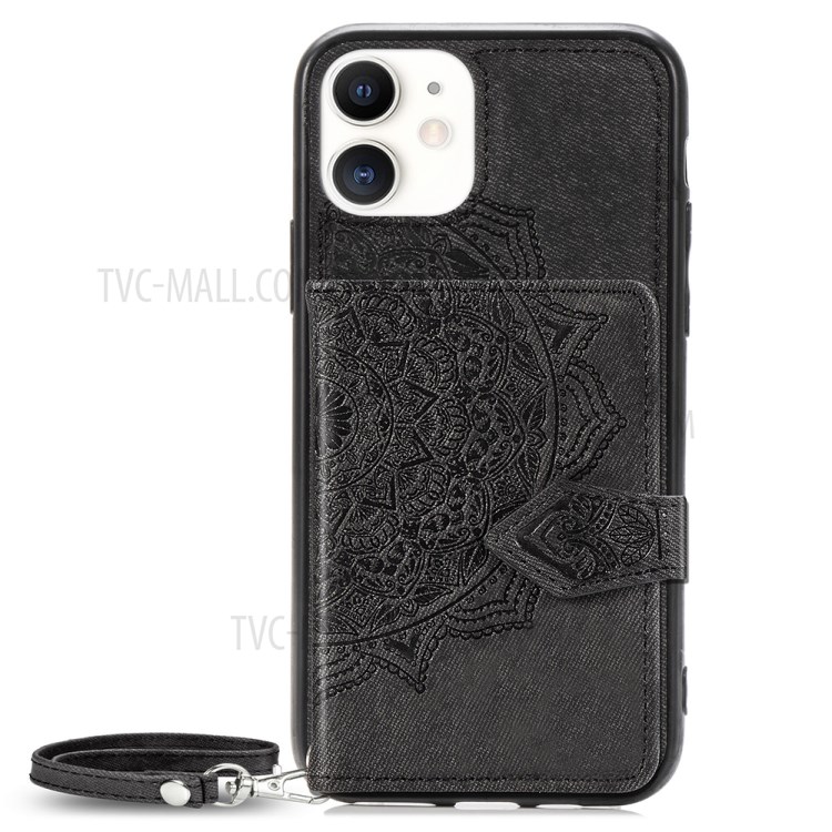 Wallet Design PU Leather Coated TPU Phone Case + Strap with Mandala Pattern Imprinting for iPhone 11 6.1 inch - Black-2