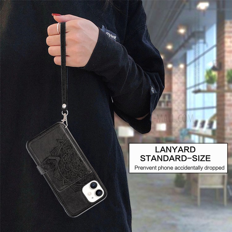 Wallet Design PU Leather Coated TPU Phone Case + Strap with Mandala Pattern Imprinting for iPhone 11 6.1 inch - Black-4