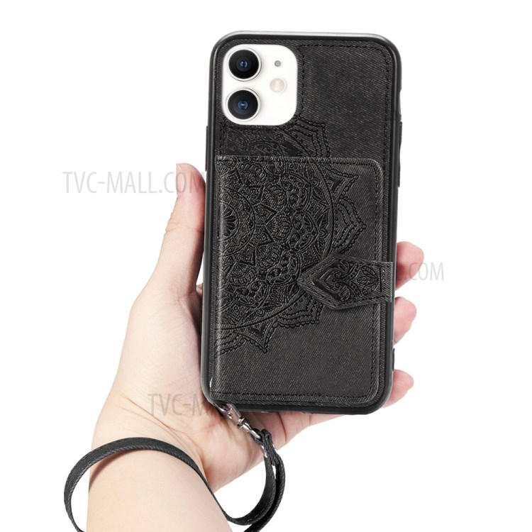 Wallet Design PU Leather Coated TPU Phone Case + Strap with Mandala Pattern Imprinting for iPhone 11 6.1 inch - Black-7