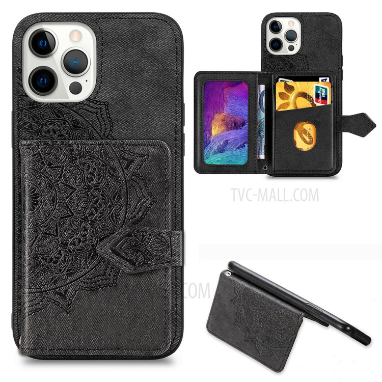 Buckled Wallet Design PU Leather Coated TPU Phone Case with Mandala Pattern Imprinting for iPhone 12/12 Pro - Black-1