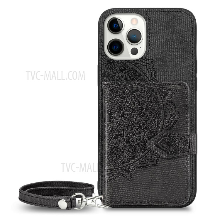 Buckled Wallet Design PU Leather Coated TPU Phone Case with Mandala Pattern Imprinting for iPhone 12/12 Pro - Black-2