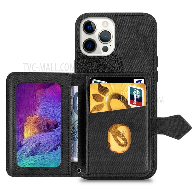 Buckled Wallet Design PU Leather Coated TPU Phone Case with Mandala Pattern Imprinting for iPhone 12/12 Pro - Black-3