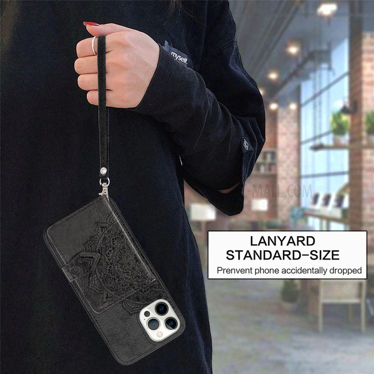Buckled Wallet Design PU Leather Coated TPU Phone Case with Mandala Pattern Imprinting for iPhone 12/12 Pro - Black-4