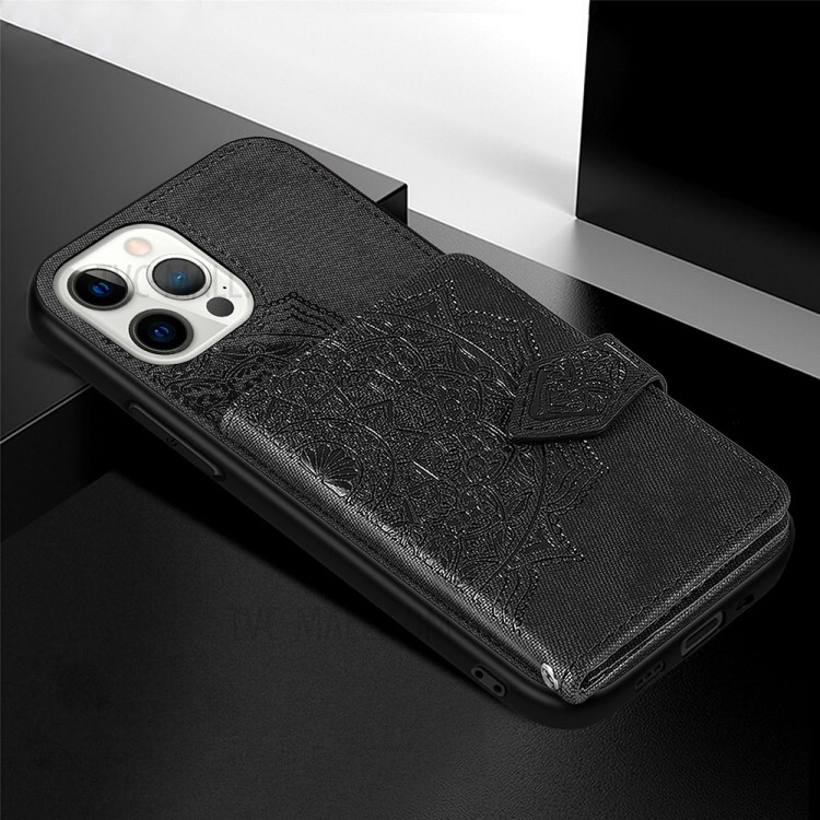 Buckled Wallet Design PU Leather Coated TPU Phone Case with Mandala Pattern Imprinting for iPhone 12/12 Pro - Black-5