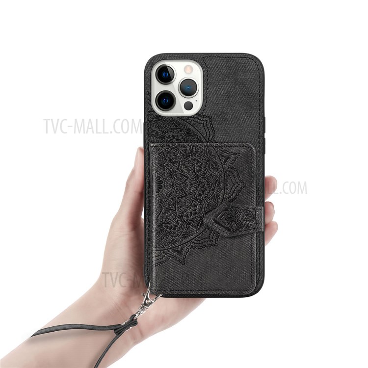 Buckled Wallet Design PU Leather Coated TPU Phone Case with Mandala Pattern Imprinting for iPhone 12/12 Pro - Black-7