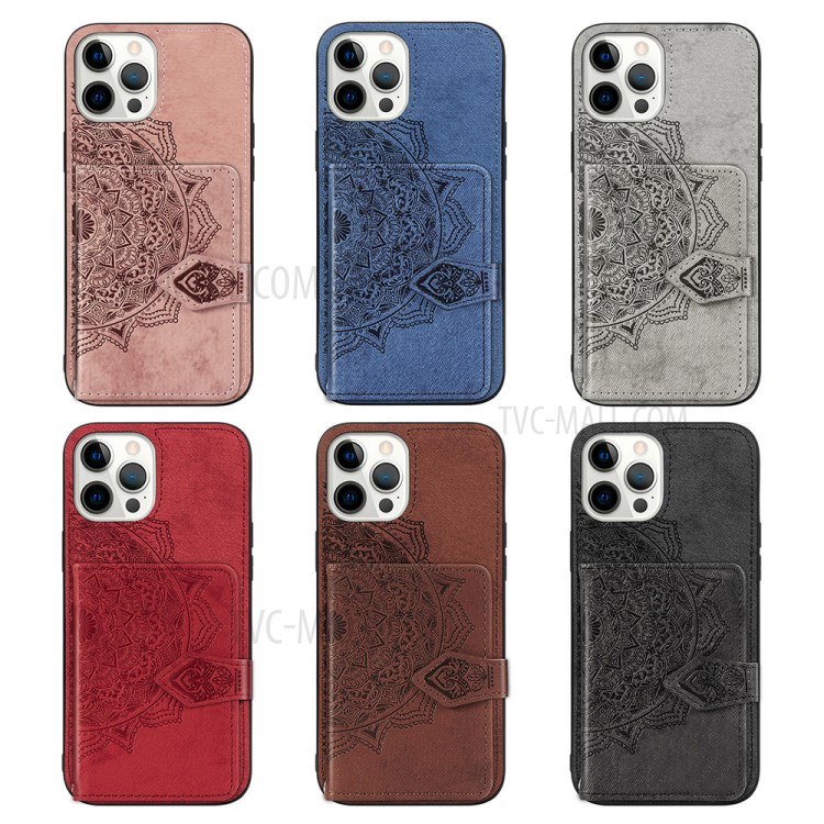Buckled Wallet Design PU Leather Coated TPU Phone Case with Mandala Pattern Imprinting for iPhone 12/12 Pro - Black-8