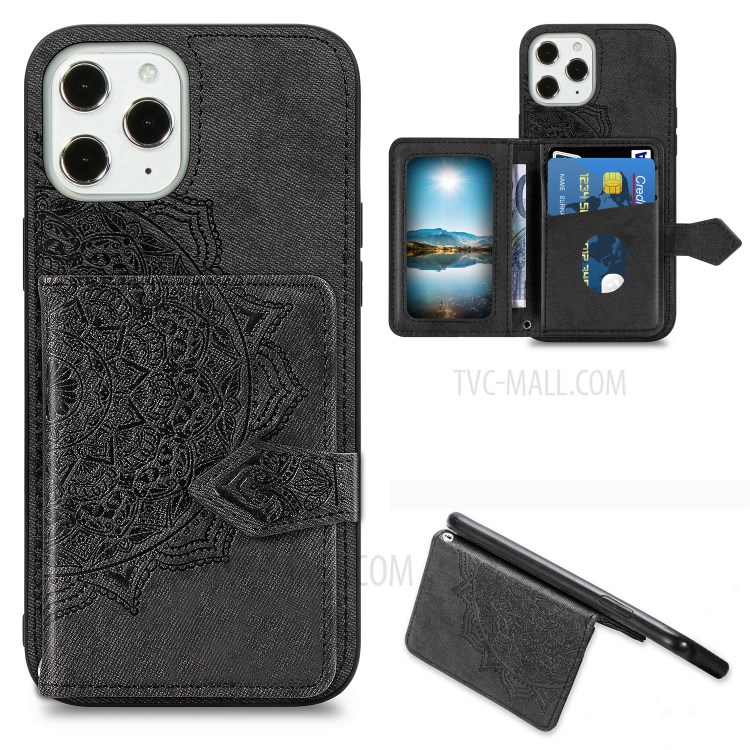 Mandala Flower Pattern Imprinting PU Leather Coated TPU Phone Wallet Case with Kickstand for iPhone 12 Pro Max - Black-1