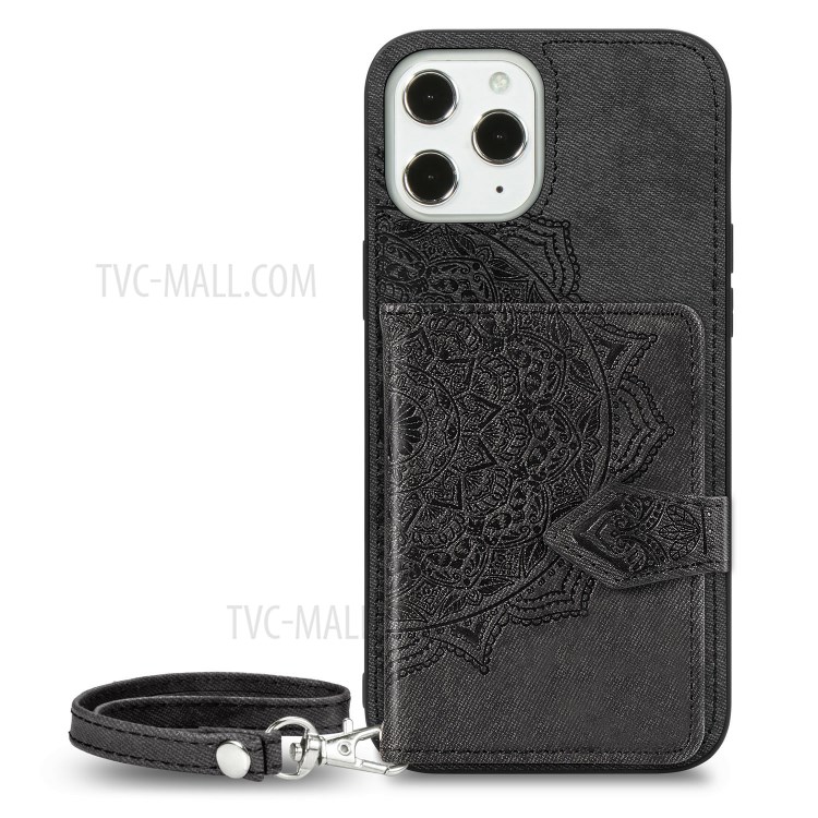 Mandala Flower Pattern Imprinting PU Leather Coated TPU Phone Wallet Case with Kickstand for iPhone 12 Pro Max - Black-2