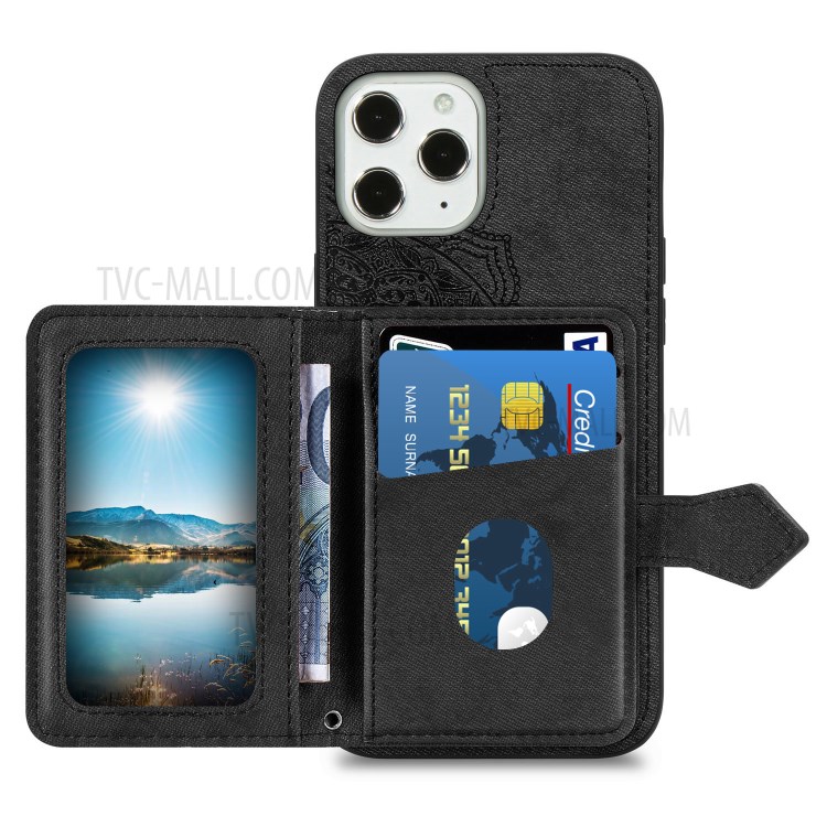 Mandala Flower Pattern Imprinting PU Leather Coated TPU Phone Wallet Case with Kickstand for iPhone 12 Pro Max - Black-3