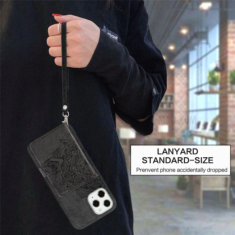 Mandala Flower Pattern Imprinting PU Leather Coated TPU Phone Wallet Case with Kickstand for iPhone 12 Pro Max - Black-4