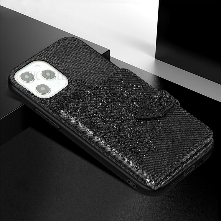 Mandala Flower Pattern Imprinting PU Leather Coated TPU Phone Wallet Case with Kickstand for iPhone 12 Pro Max - Black-5