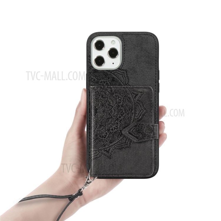 Mandala Flower Pattern Imprinting PU Leather Coated TPU Phone Wallet Case with Kickstand for iPhone 12 Pro Max - Black-7