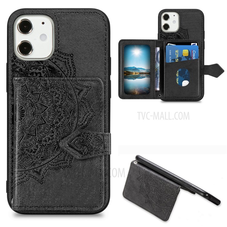 Mandala Flower Pattern Imprinting PU Leather + TPU Phone Wallet Case with Kickstand for iPhone 12 Mini - Black-1