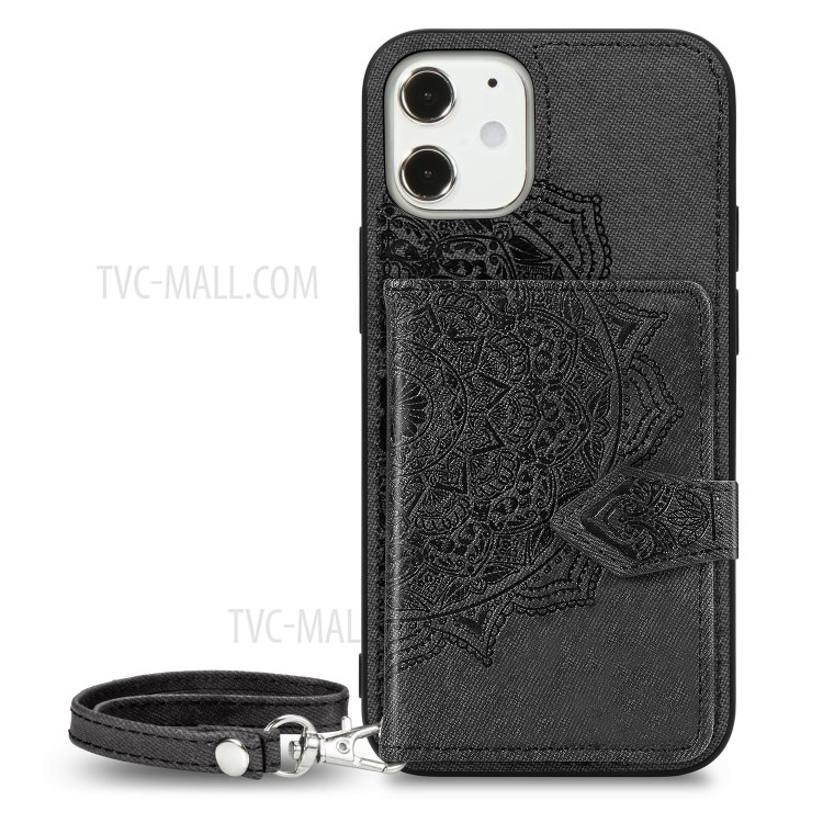 Mandala Flower Pattern Imprinting PU Leather + TPU Phone Wallet Case with Kickstand for iPhone 12 Mini - Black-2