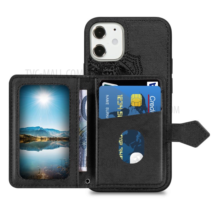 Mandala Flower Pattern Imprinting PU Leather + TPU Phone Wallet Case with Kickstand for iPhone 12 Mini - Black-3