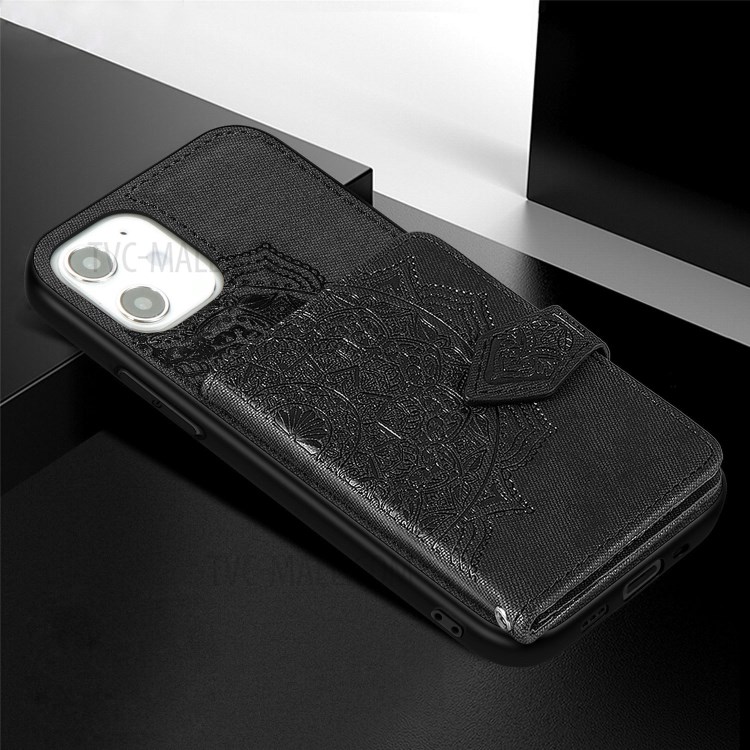Mandala Flower Pattern Imprinting PU Leather + TPU Phone Wallet Case with Kickstand for iPhone 12 Mini - Black-5