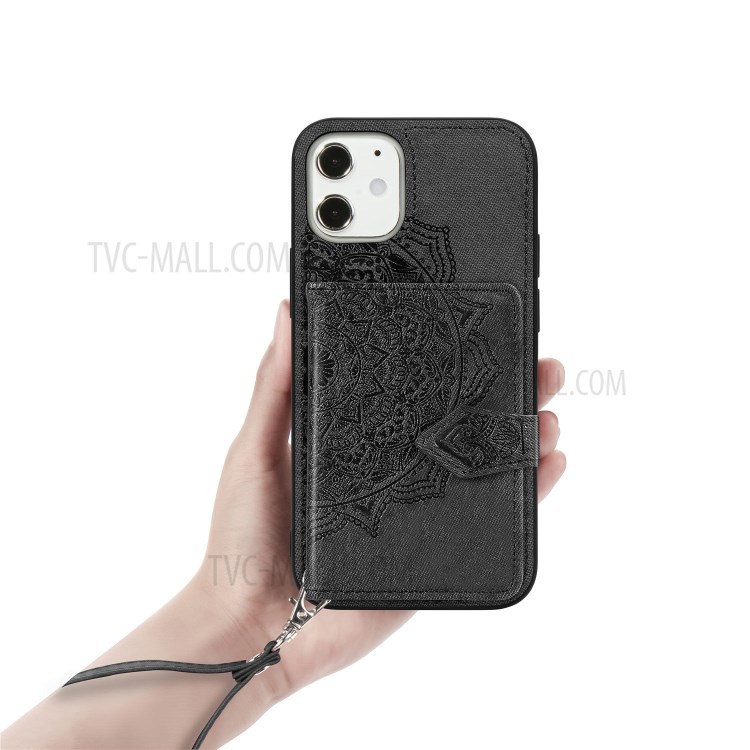 Mandala Flower Pattern Imprinting PU Leather + TPU Phone Wallet Case with Kickstand for iPhone 12 Mini - Black-7