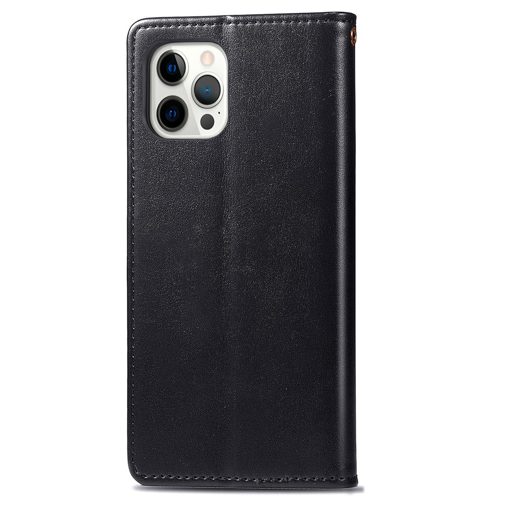 Round Buckle Design Solid Color Wallet Stand Leather Phone Case Shell for iPhone 12/12 Pro - Black-4