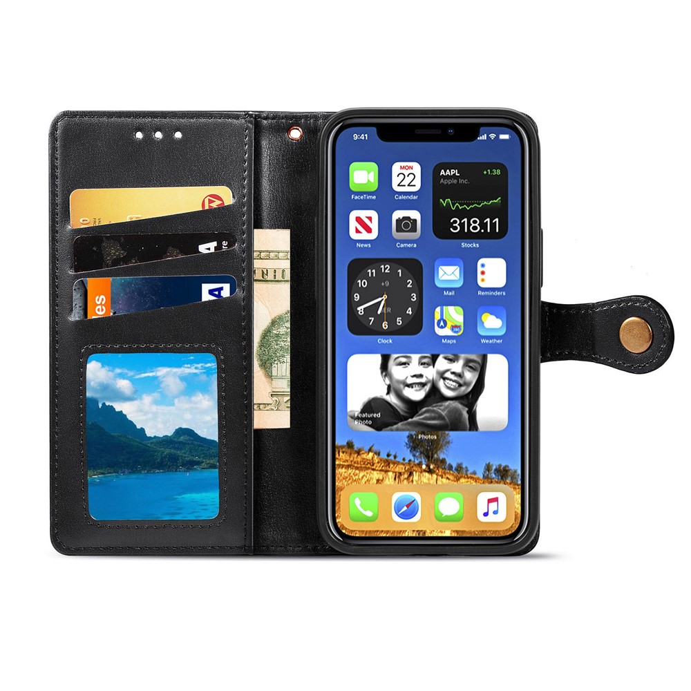 Runde Schnalle Design Feste Farbbrieftasche Leder Handy Hülle Hülle Für Iphone 12/12 Pro - Schwarz