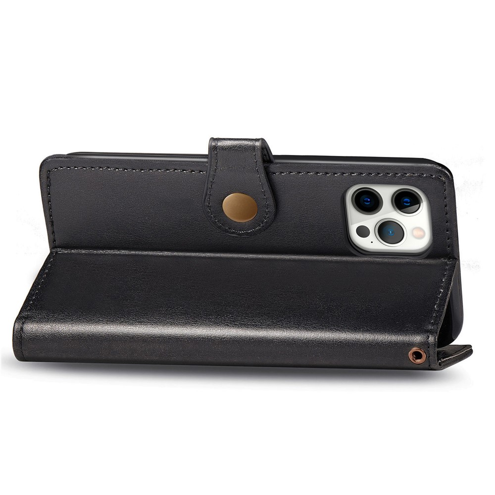 Round Buckle Design Solid Color Wallet Stand Leather Phone Case Shell for iPhone 12/12 Pro - Black-7