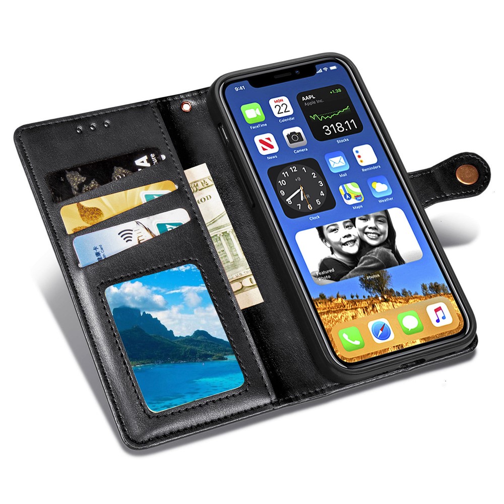 Runde Schnalle Design Feste Farbbrieftasche Leder Handy Hülle Hülle Für Iphone 12/12 Pro - Schwarz