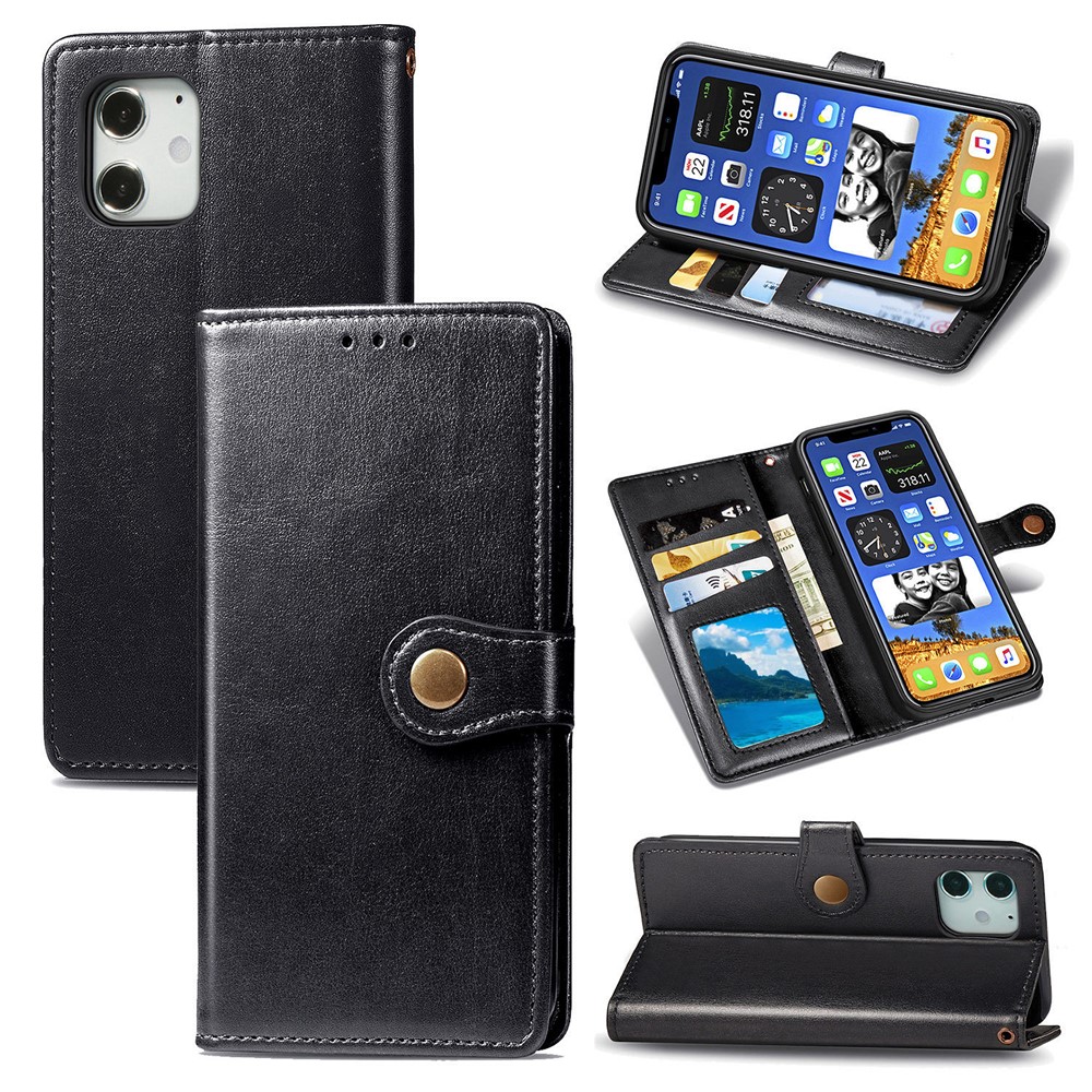 Solid Color Wallet Stand Leather Phone Case Shell with Round Buckle Design for iPhone 12 mini - Black-1